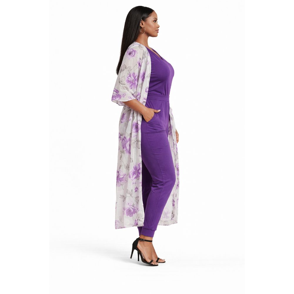 Purple Sleeveless Jumpsuit with Floral Kimono Overlay